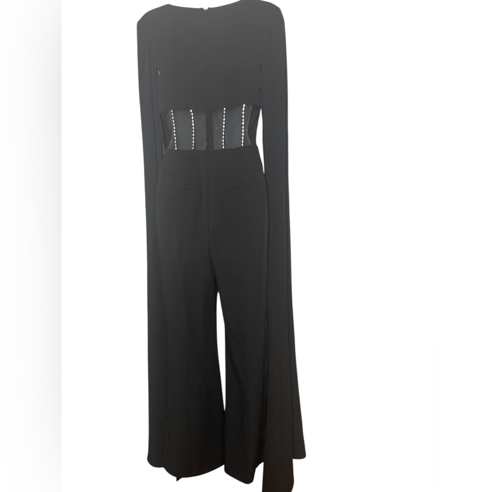 Mac Duggal New 49853 Sample Black Jumpsuit Cape Sleeves Sheer Abdomen Size 2 - Picture 6 of 10